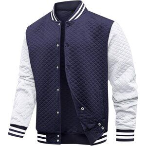 Men's Navy/White Varsity Bomber Jacket Lightweight Causal Cuffs Pockets Style